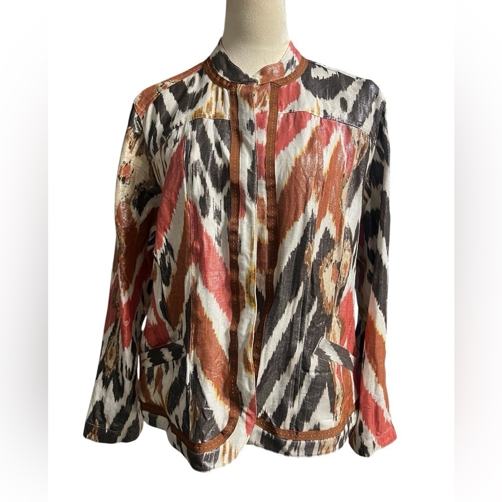 Chico's Art to Wear Metallic Linen Blend Western Print
Jacket, Size3